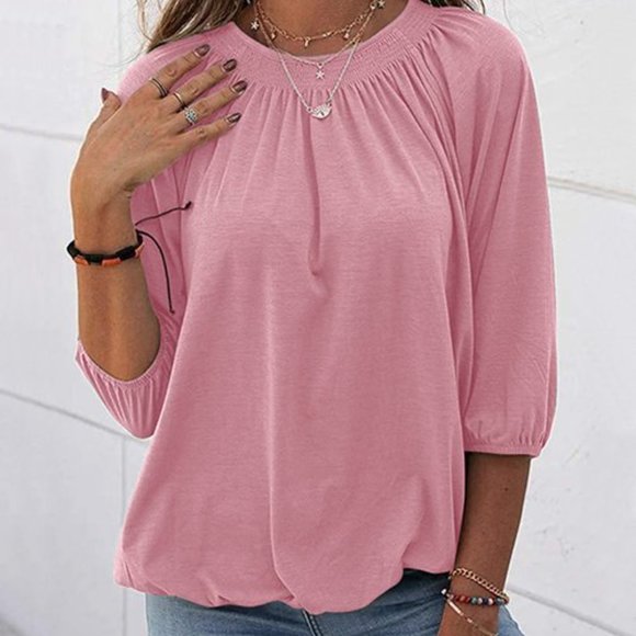 Simple flavor - pink half sleeve smocked crewneck top - Picture 1 of 6